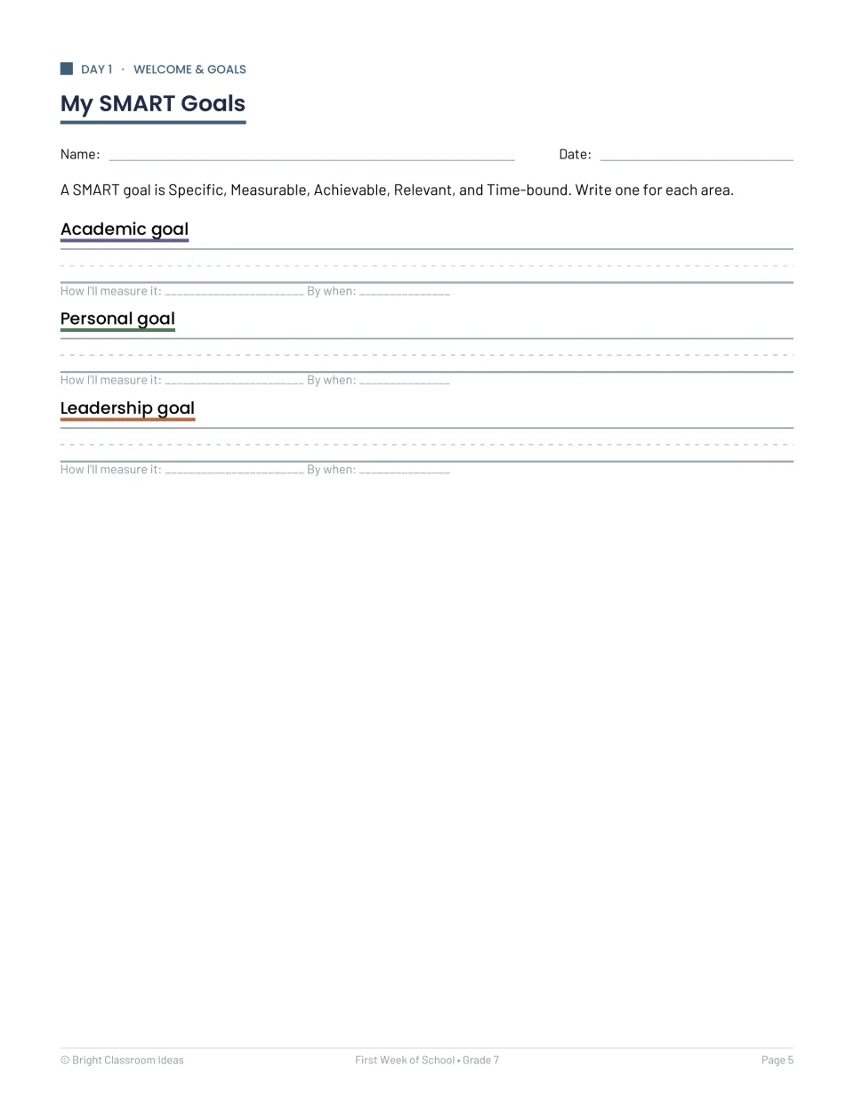 My SMART Goals: students write an academic, personal and leadership goal, each with how they will measure it and by when