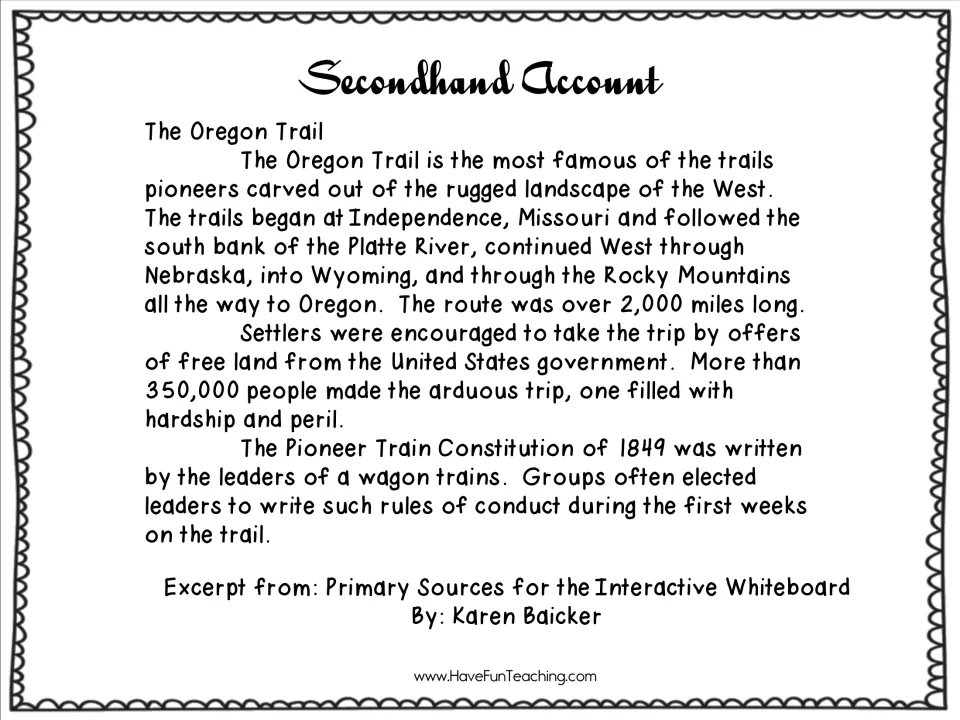 Secondhand reading about the Oregon Trail's route, reasons for migration, and rules for wagon train travelers.
