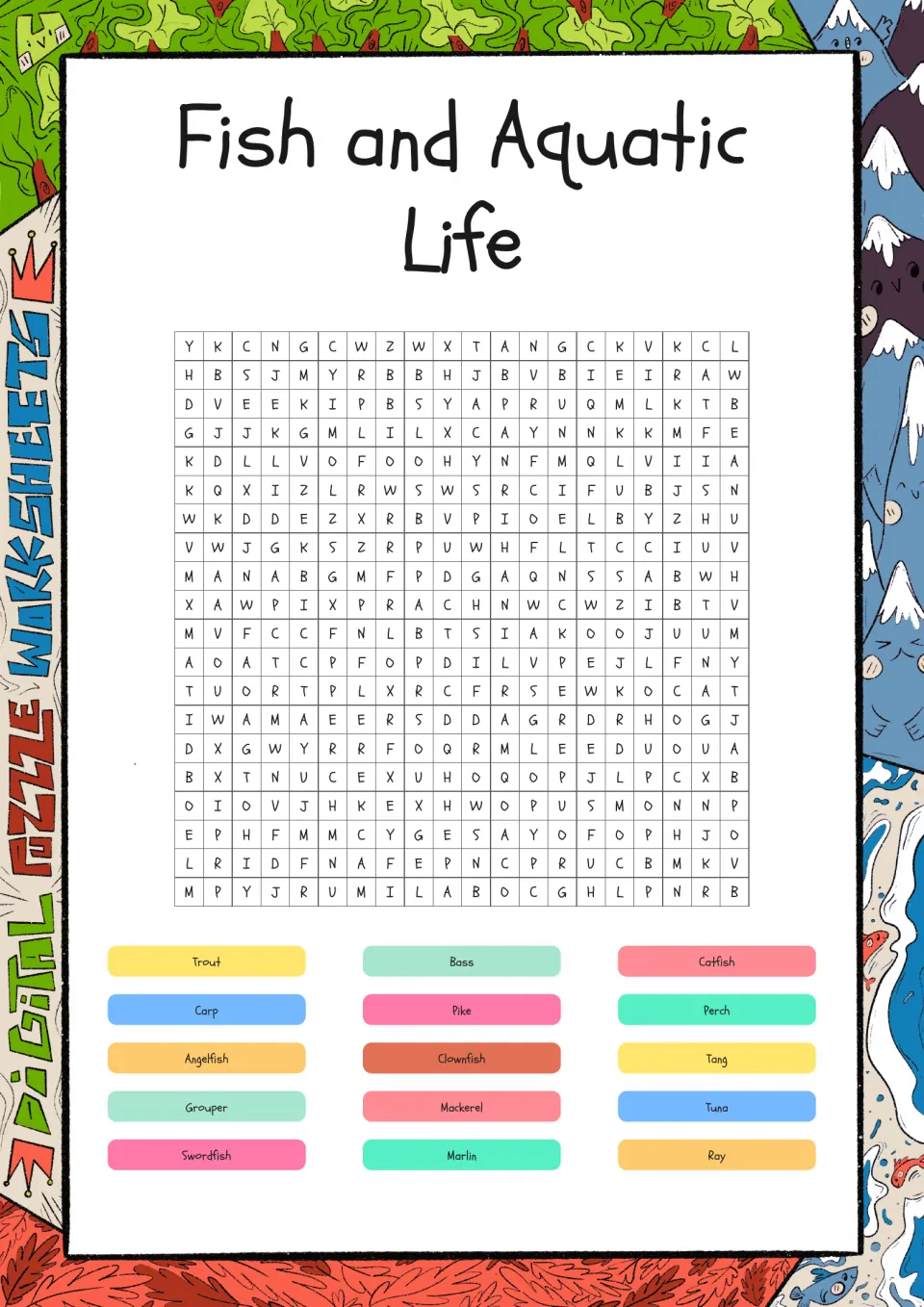Fish and Aquatic Life word search: students find 15 fish names, including trout, catfish, clownfish, marlin and swordfish