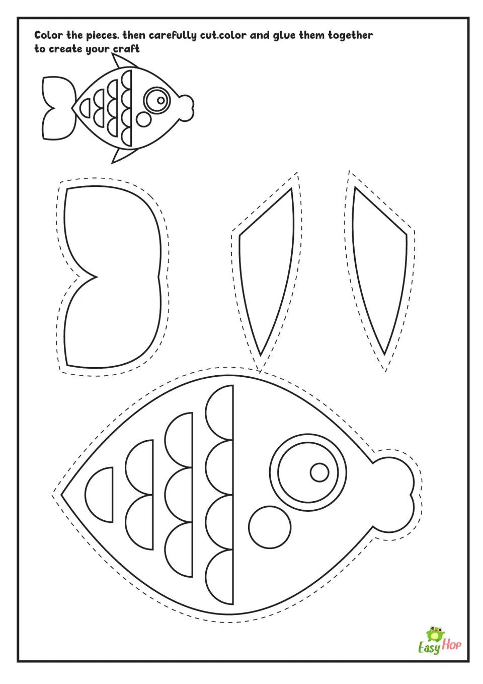 Fish craft outlines: students color, cut out and glue a scaled body, a tail and two fins to match the model fish