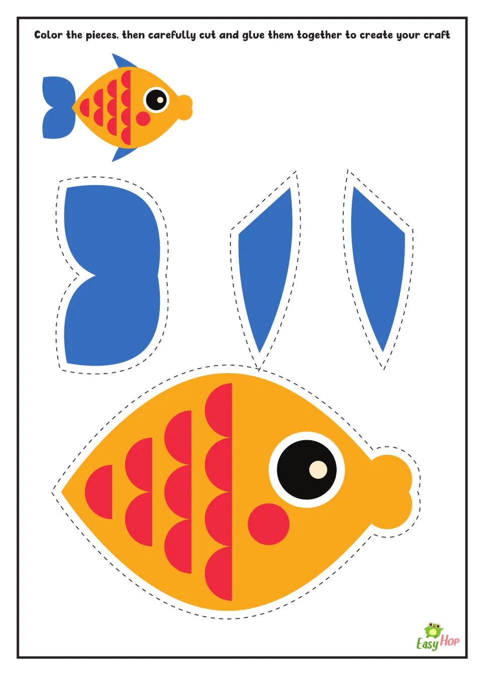Full-color fish craft: students cut out and glue an orange body with red scales, a blue tail and two blue fins