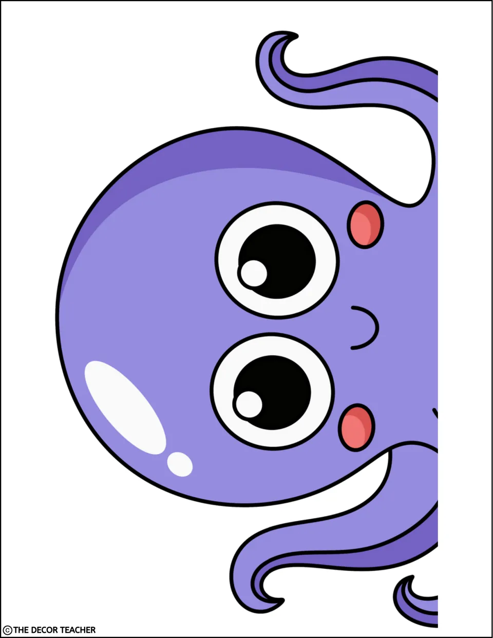 Cut-out piece: left half of a big purple octopus face with round eyes, pink cheeks and a smile, joins the tentacles
