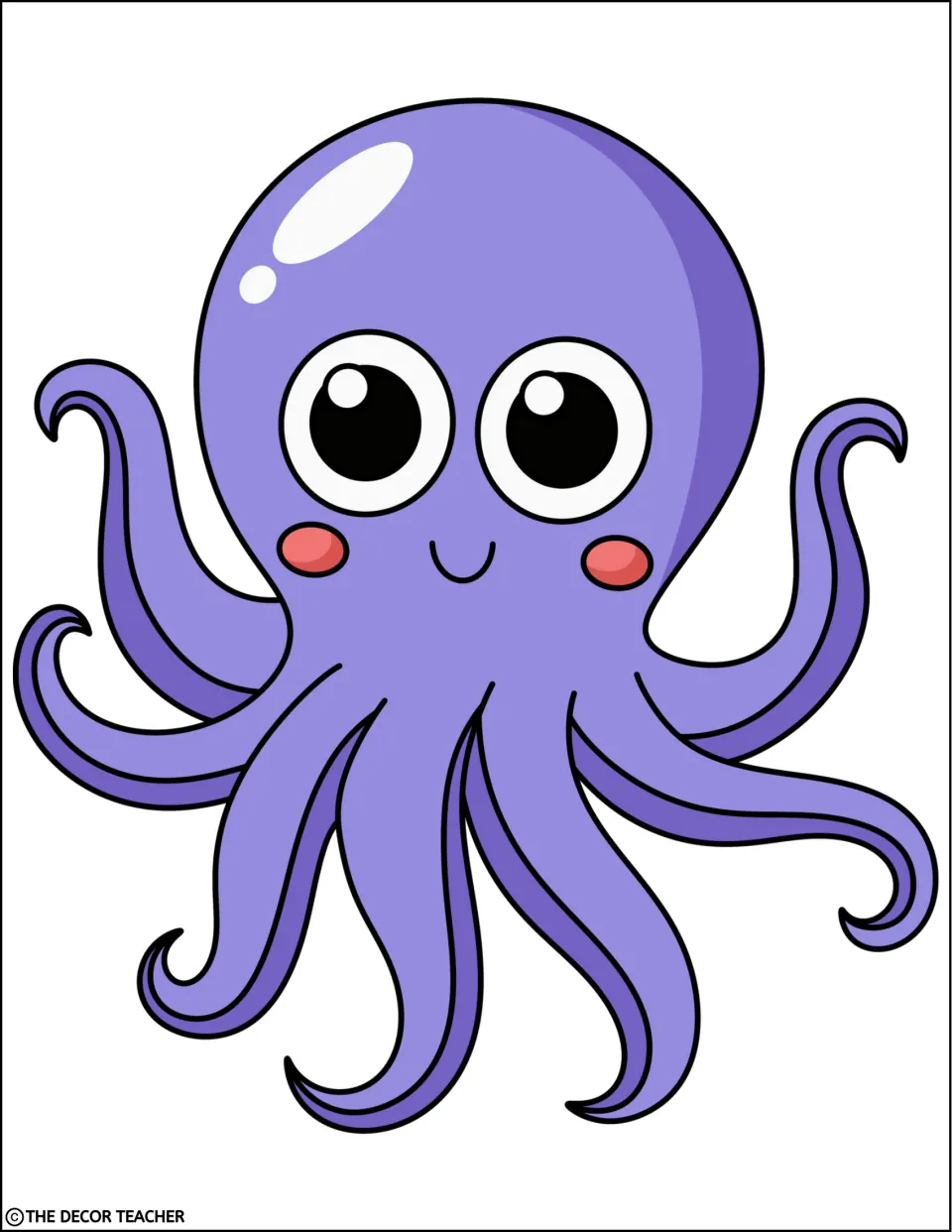 Whole cartoon octopus with eight curling tentacles, big eyes, rosy cheeks and a gentle smile, sized for one sheet