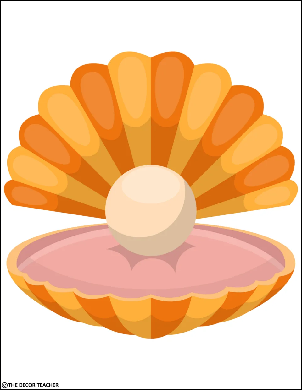 Open clam with a pearl: orange scalloped top, pink inner lip and a large cream pearl in the middle, ready to cut out