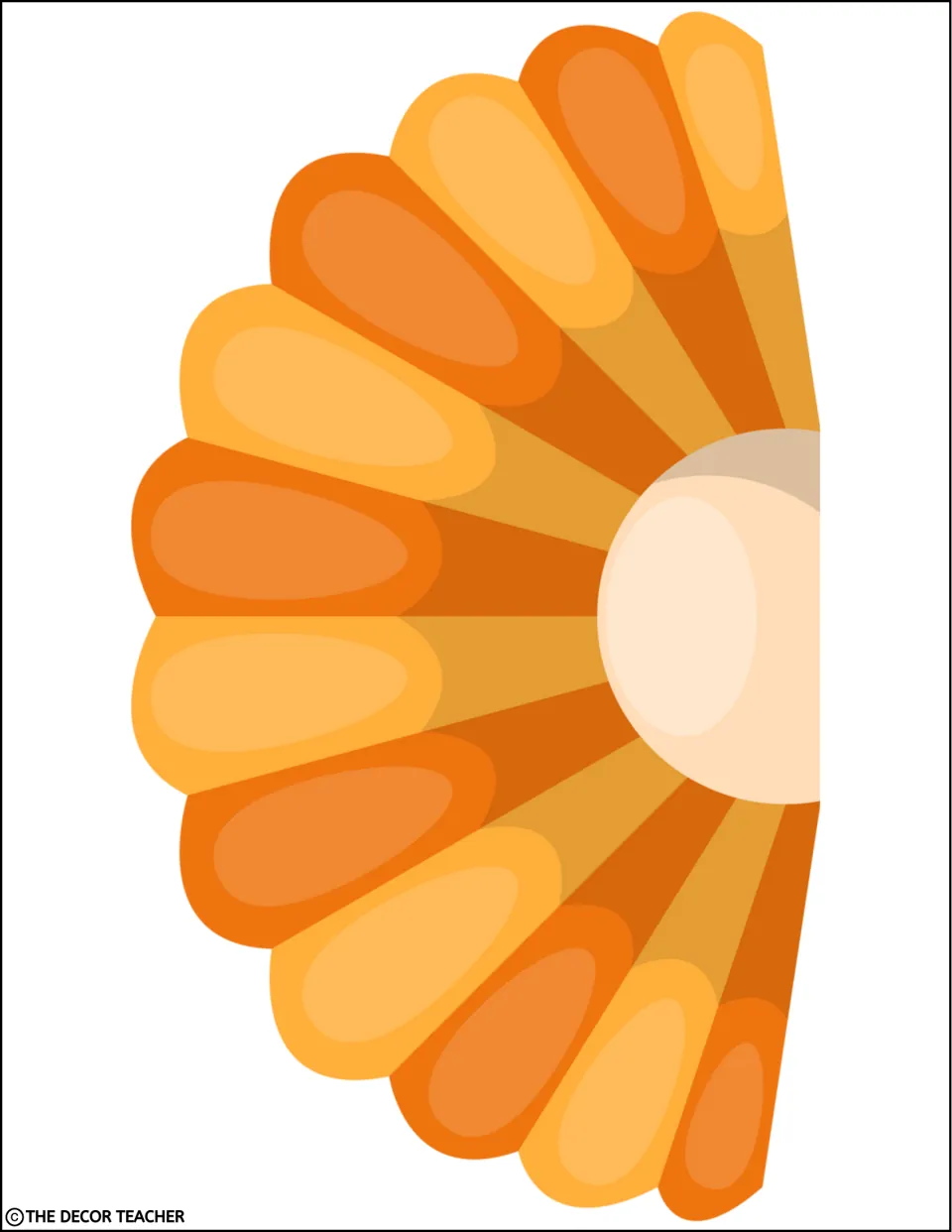 Cut-out piece: sideways orange fanned top of a clam with half a cream pearl at its edge, to join the next page