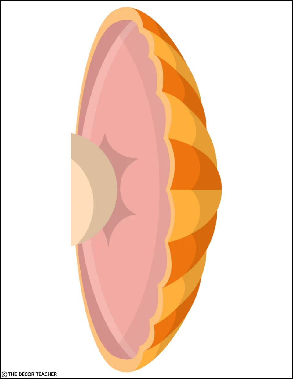 Cut-out piece: pink-lined lower half of the clam, turned sideways, holding the other half of the pearl from page 5