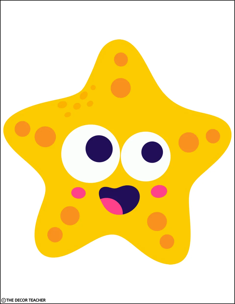 Smiling yellow starfish with orange spots, big googly eyes and pink cheeks, a large single cut-out for sea decor