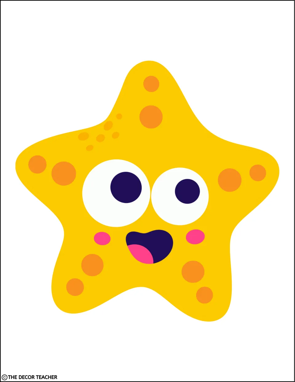 Second large yellow starfish cut-out, spotted orange with wide eyes and an open-mouthed smile, for pairing on the door