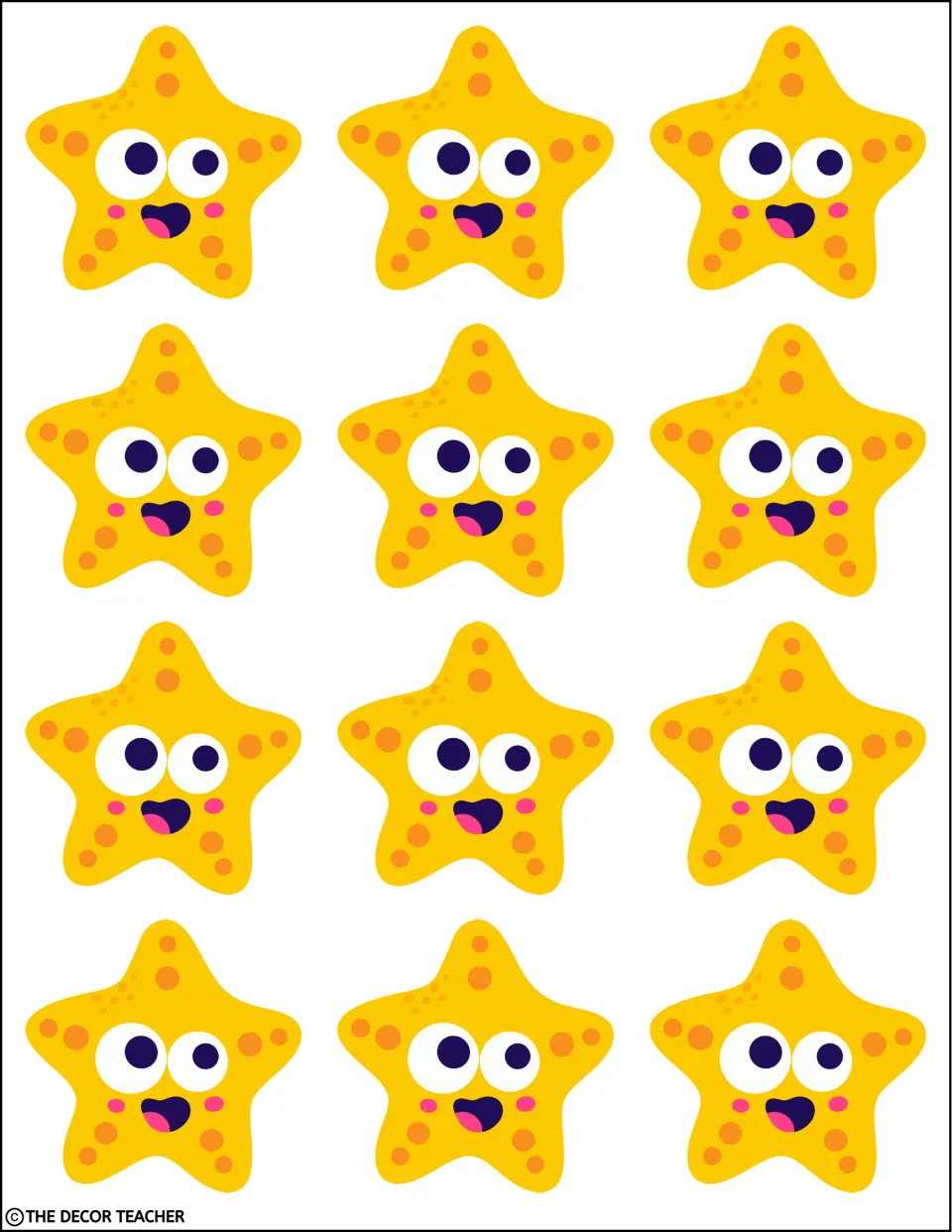 Twelve small smiling yellow starfish cut-outs on one page, each with orange spots and big eyes, for border accents