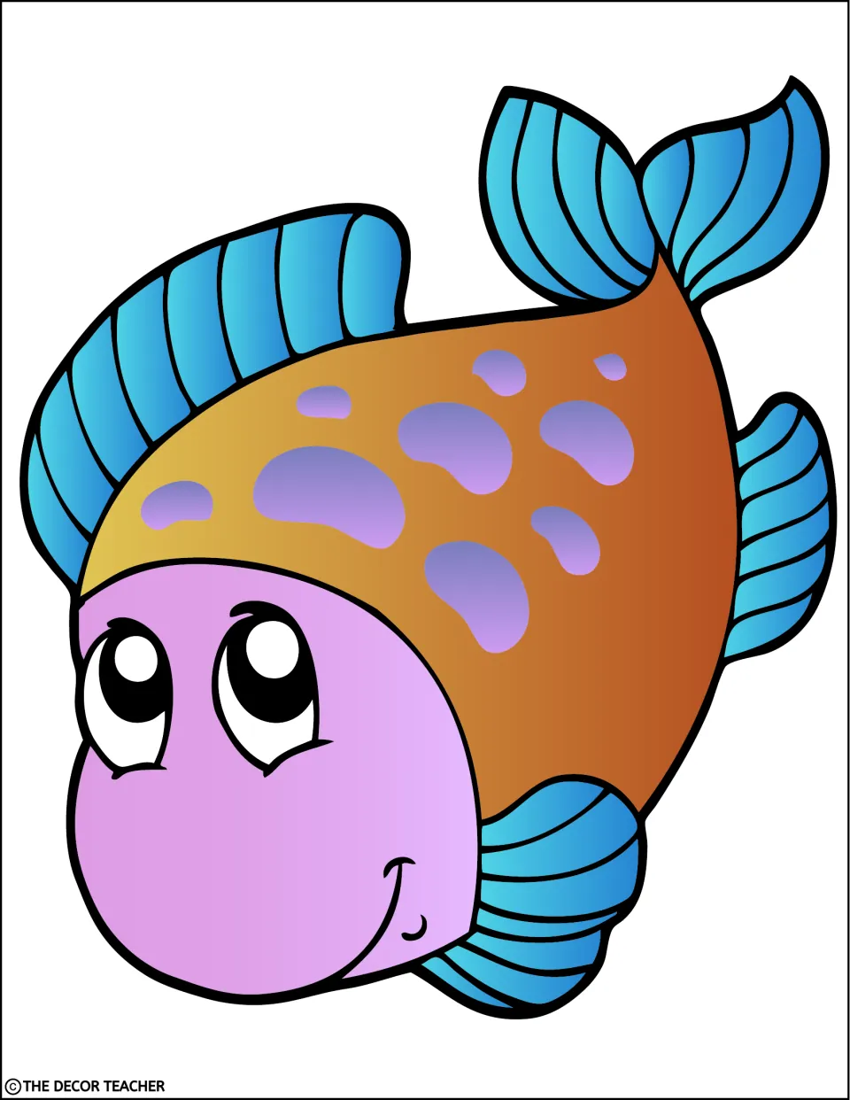 Cartoon fish with a pink face, orange spotted body and blue striped fins, looking up with a smile, a large cut-out