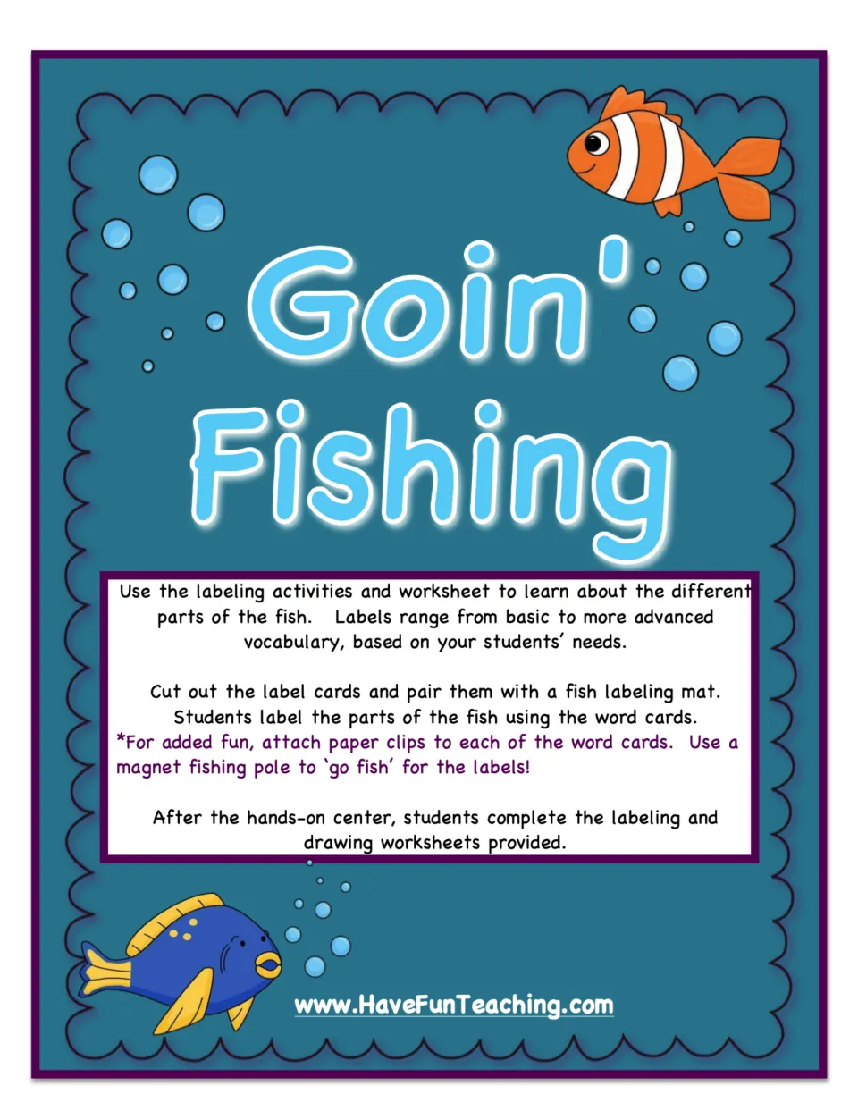 Goin' Fishing cover: directions for fish-part label cards, labeling mats, a magnet fishing game and follow-up worksheets