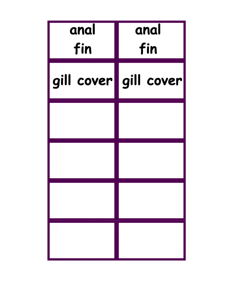 More fish part word cards: anal fin and gill cover in pairs, followed by eight blank cards for writing extra part names