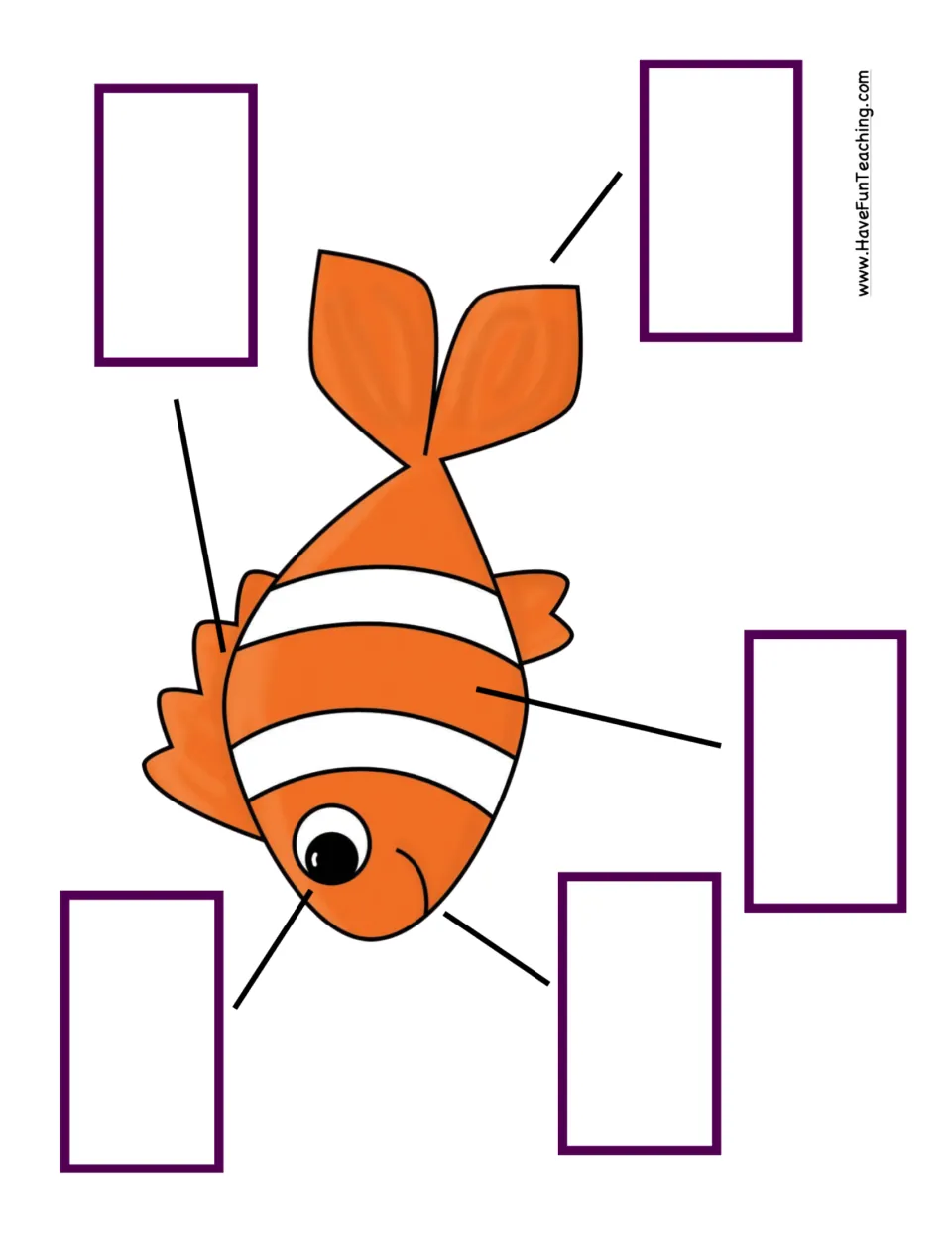 Clownfish labeling mat: students place word cards on five label spots pointing to the eye, mouth, body, fin and tail