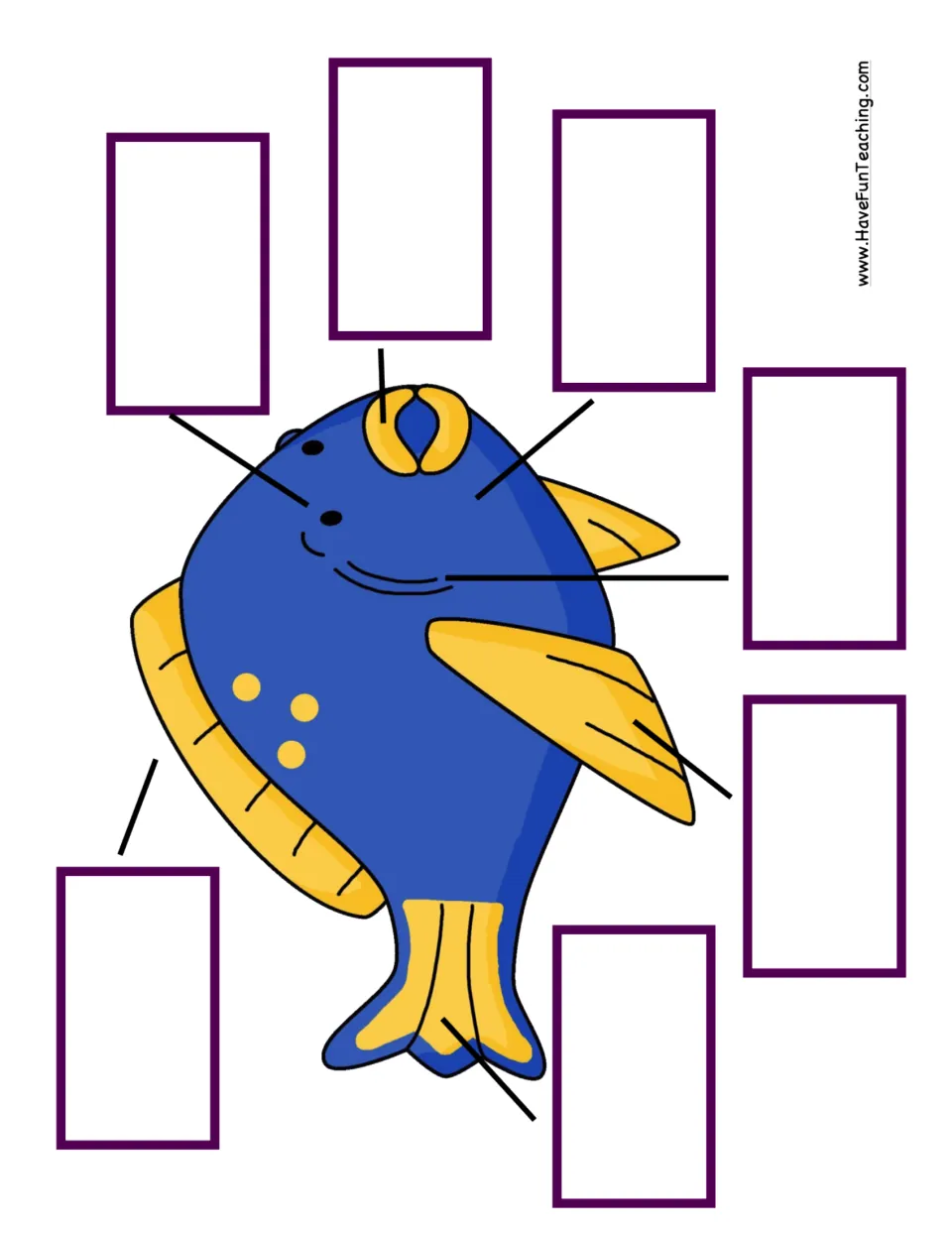 Blue and yellow fish labeling mat: students place part cards on seven spots for the eye, mouth, gills, fins and tail