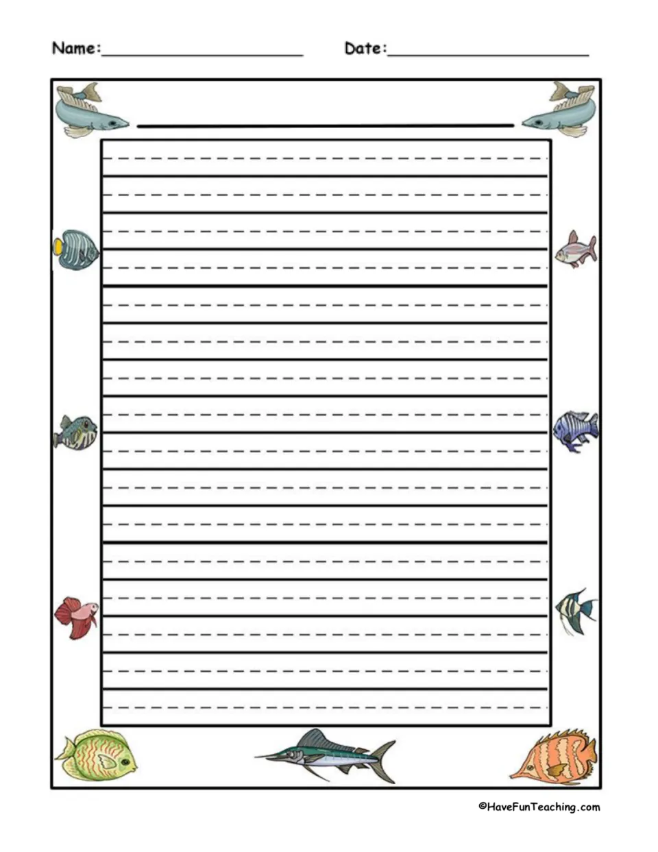 Fish-themed writing paper for final drafts of ocean or fish writing projects, with Name and Date fields.