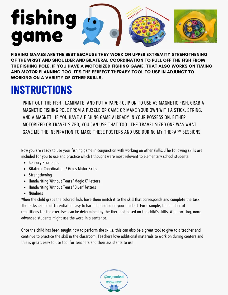 Fishing activity instructions explain magnetic fish setup, six practice areas, and matching colors to tasks