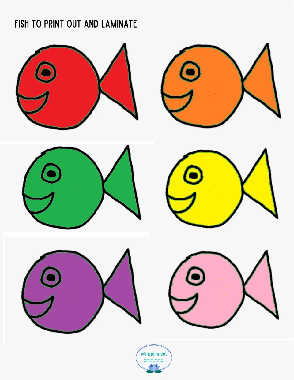 Six fish to print and laminate for the fishing activities: red, orange, green, yellow, purple, and pink