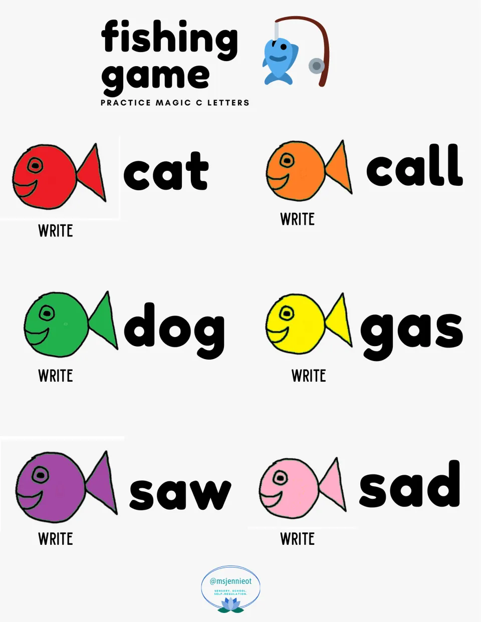 Magic C letters practice poster matches six fish colors to words to write: cat, call, dog, gas, saw, and sad