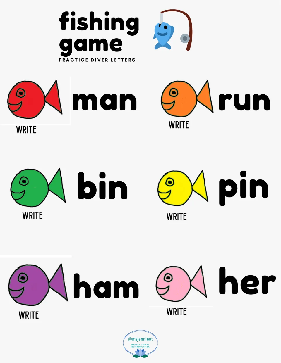 Diver letters practice poster matches six fish colors to words to write: man, run, bin, pin, ham, and her