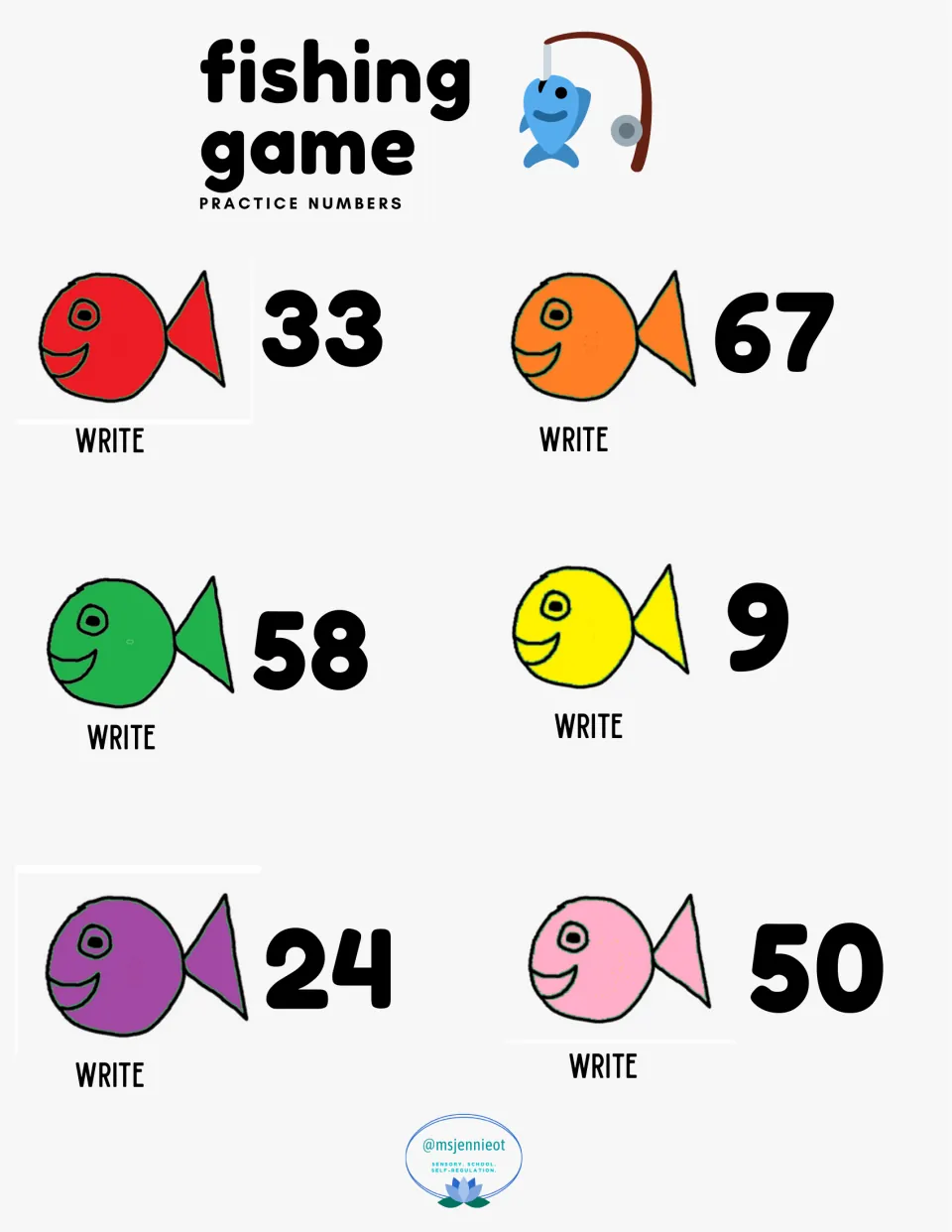 Number practice poster matches six fish colors to numbers to write: red 33, orange 67, green 58, and three more