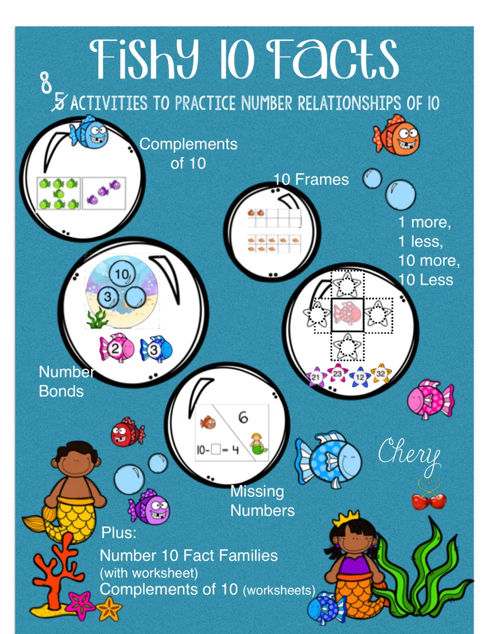 Fishy 10 Facts cover: 8 activities on number relationships of 10, incl. number bonds, 10 frames and missing numbers