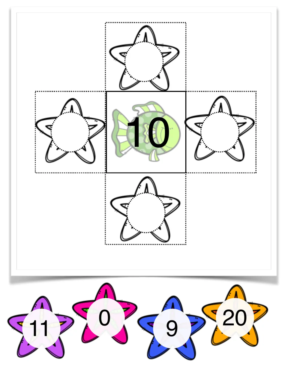 1 more, 1 less, 10 more, 10 less mat for 10: students place starfish cards 11, 0, 9 and 20 around the fish