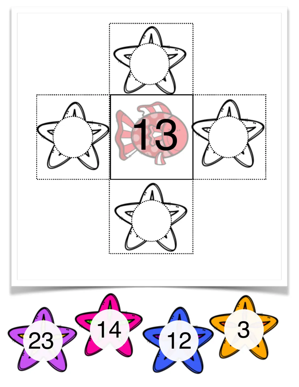 Number 13 fish mat: students match starfish cards 23, 14, 12 and 3 to the spots for one and ten more or less