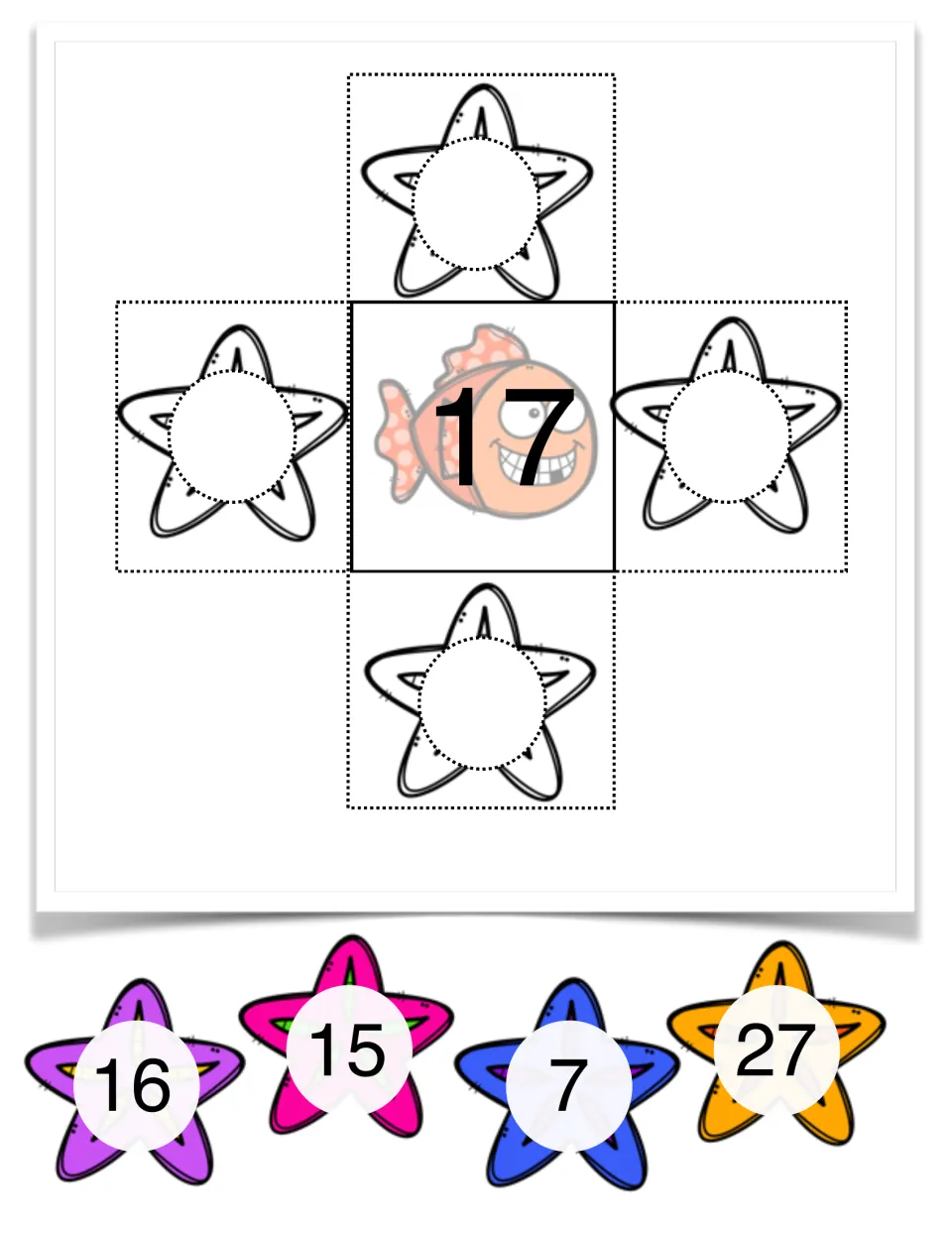 Number 17 fish mat: students fit starfish cards 16, 15, 7 and 27 into the 1 and 10 more or less positions