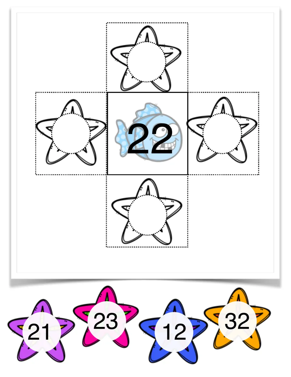 Number 22 mat with a blue fish: students place starfish 21, 23, 12 and 32 by finding 1 and 10 more or less