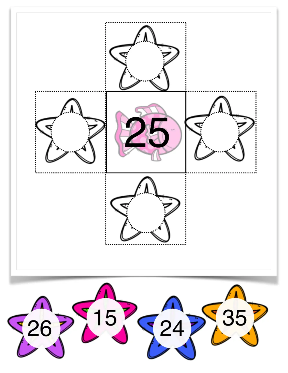 Number 25 mat: students arrange starfish cards 26, 15, 24 and 35 as one more, one less, ten more, ten less