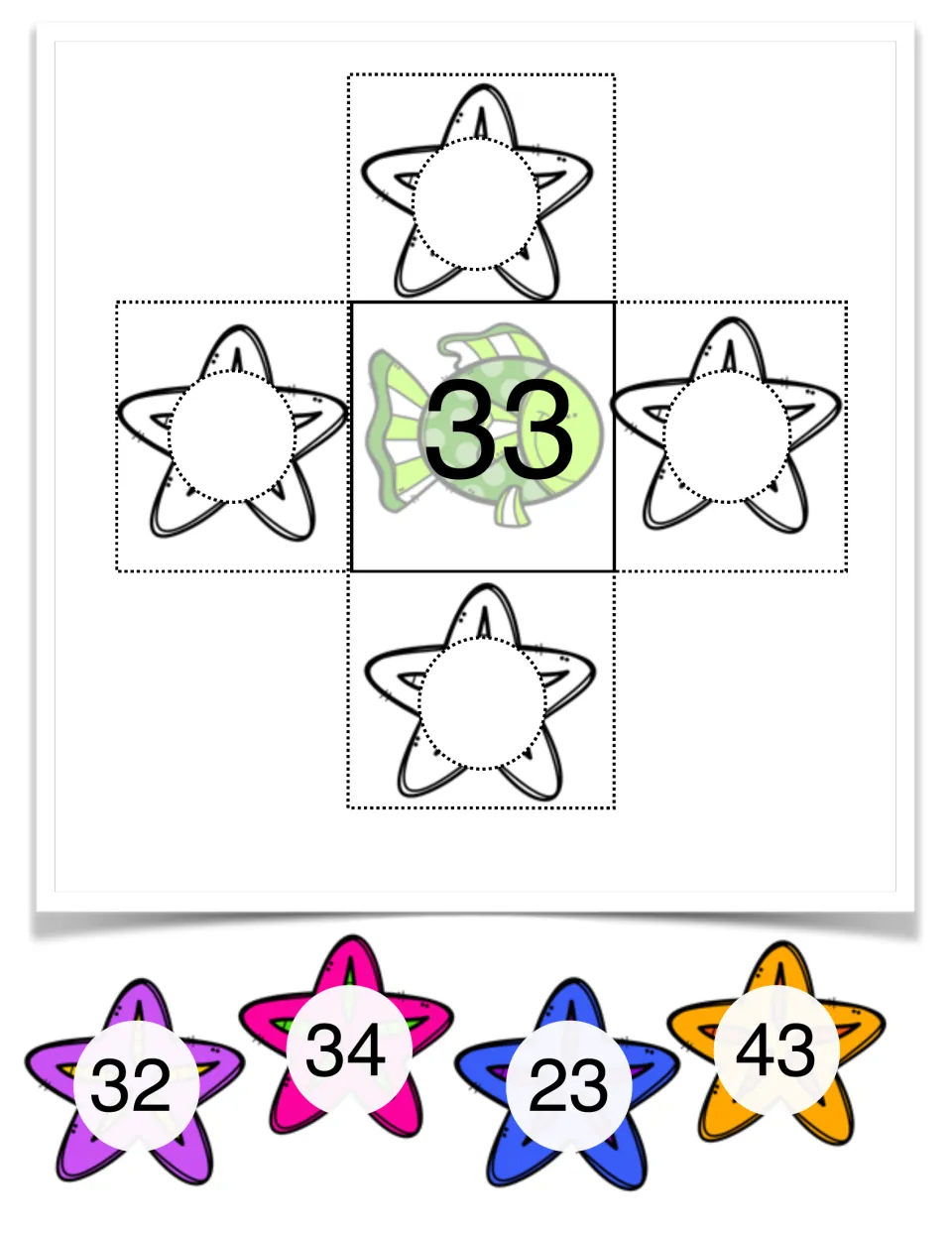Number 33 mat: green fish in the middle, students set starfish 32, 34, 23 and 43 in the 1 and 10 more or less spots