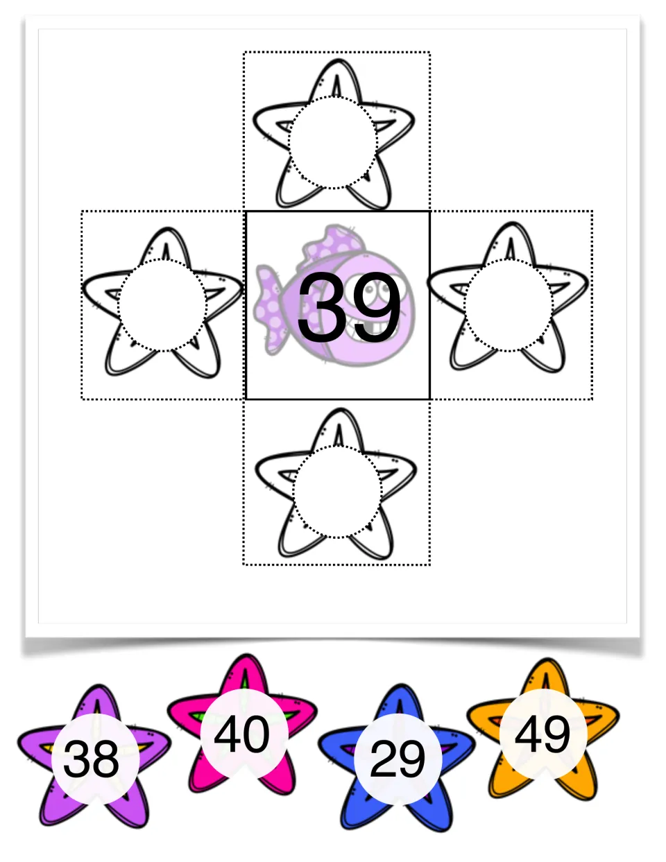 Bridging a decade from 39: students place starfish cards 38, 40, 29 and 49 as 1 and 10 more or less