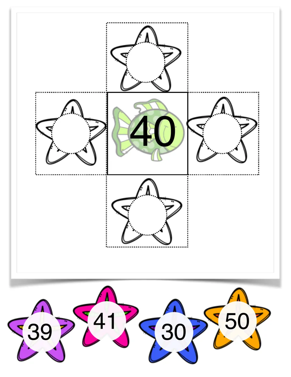 Number 40 fish mat: students place starfish 39, 41, 30 and 50 to show 1 less, 1 more, 10 less and 10 more