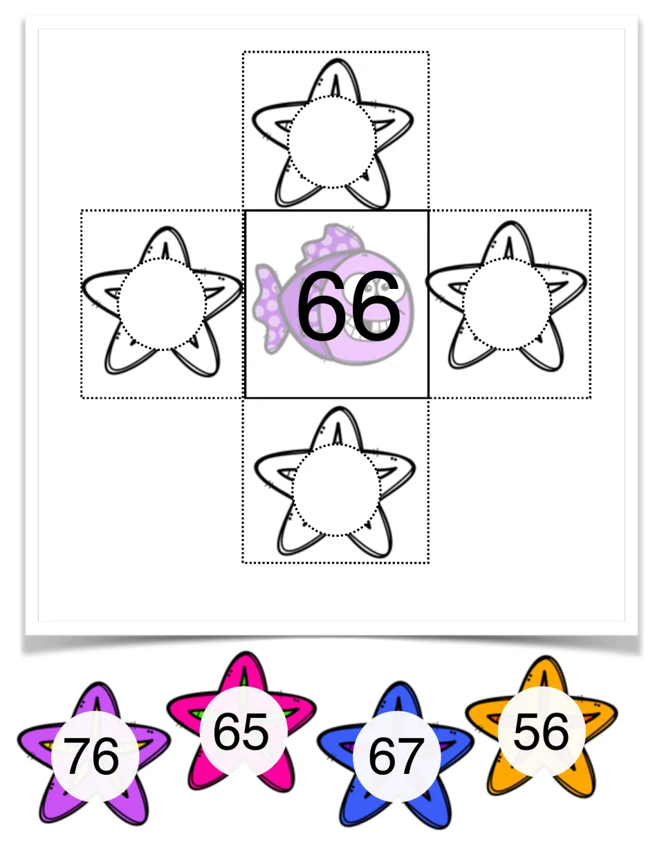 Number 66 mat: students match starfish cards 76, 65, 67 and 56 to one and ten more or less around the fish