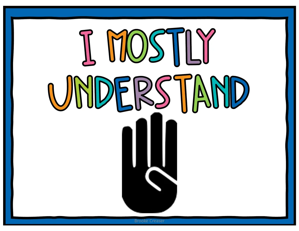 Self-assessment poster reading I mostly understand with four fingers raised, the level-four signal for rating understanding