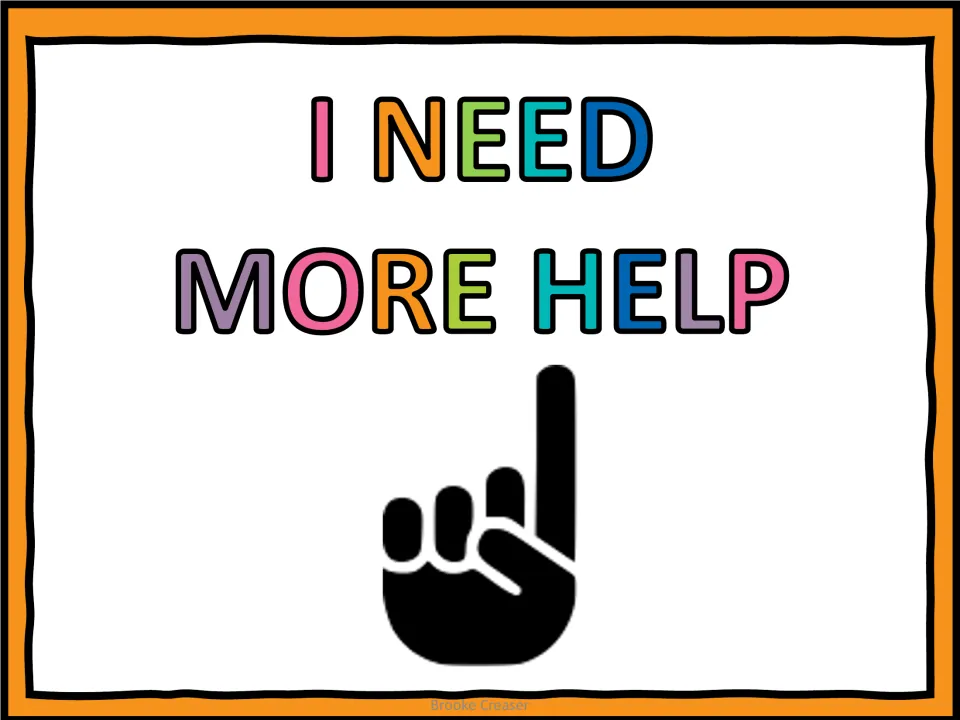 Understanding-level poster 2 of 6: “I NEED MORE HELP” paired with a hand showing one raised finger