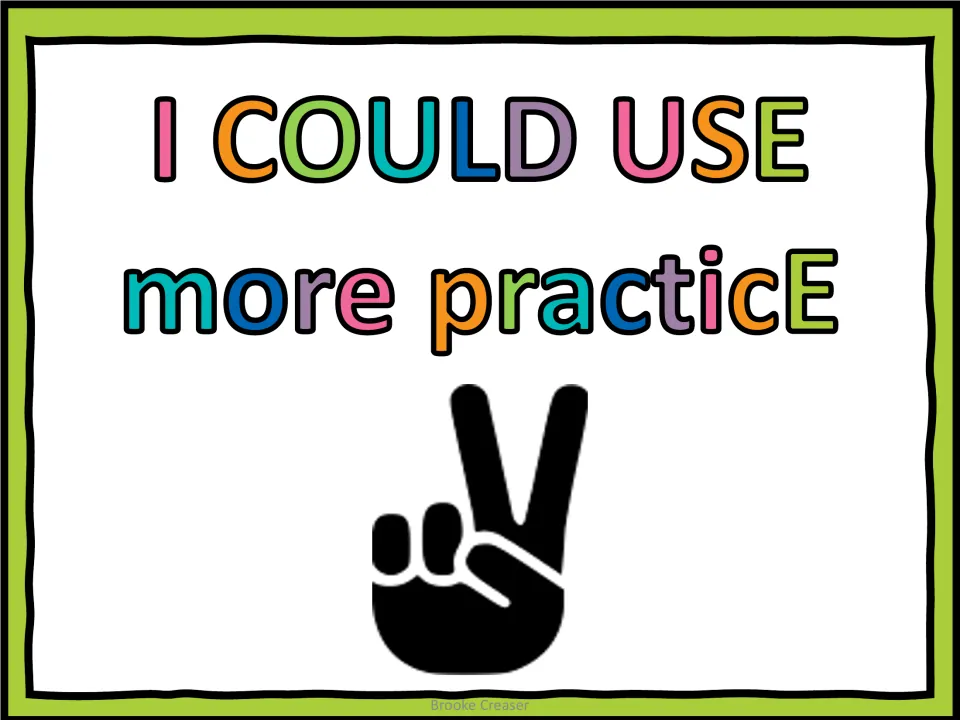Understanding-level poster 3 of 6: “I COULD USE more practice” paired with a hand showing two raised fingers