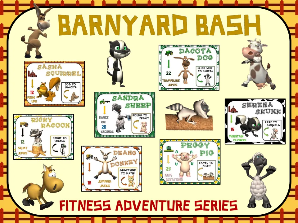 Cover of the barnyard fitness activity, showing sample animal signs with exercises and travel directions