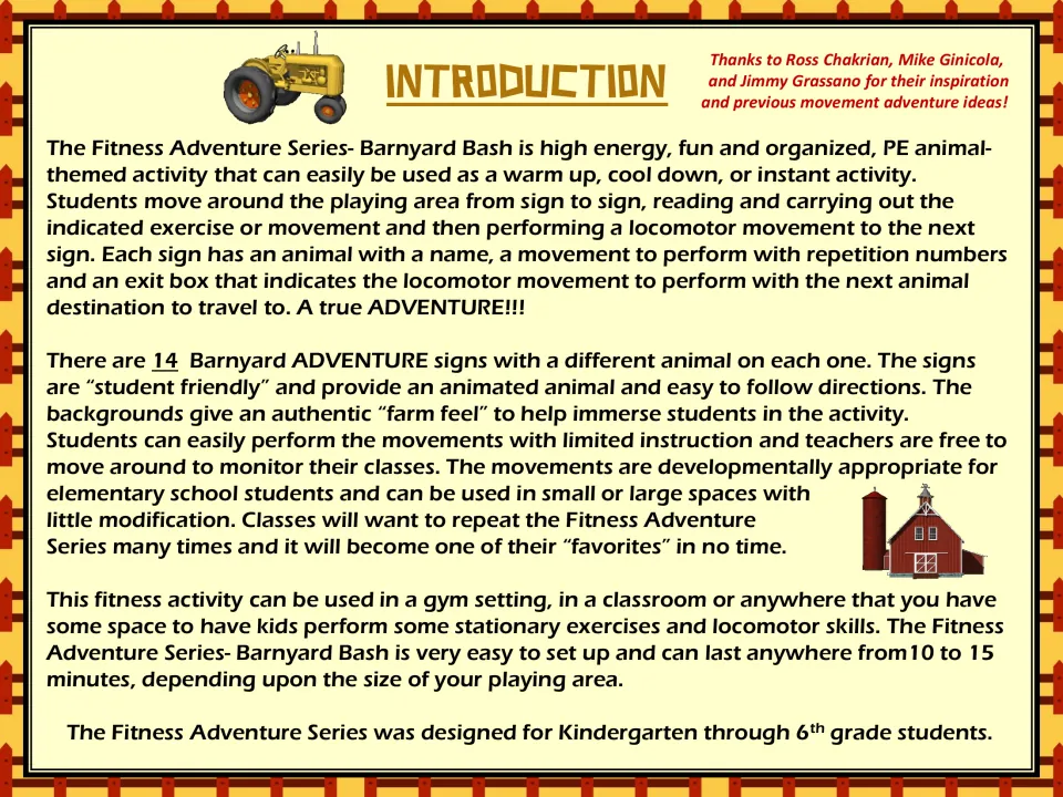 Introduction to the 14 animal exercise signs, explaining station travel and use for kindergarten through grade 6