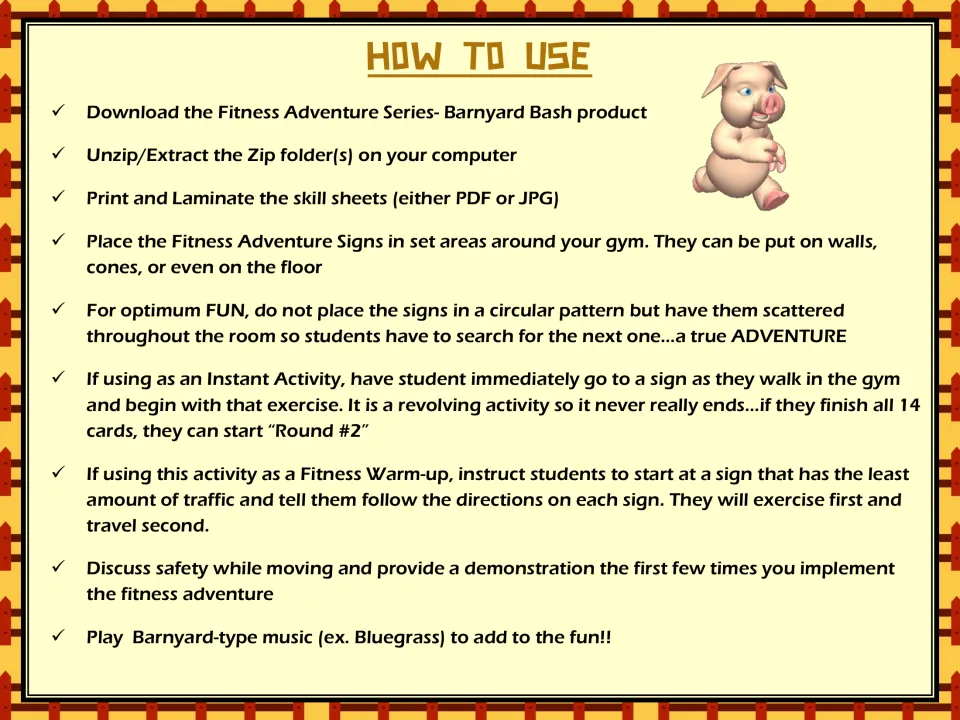 Setup directions for printing and placing animal exercise signs, starting stations, and demonstrating safe movement