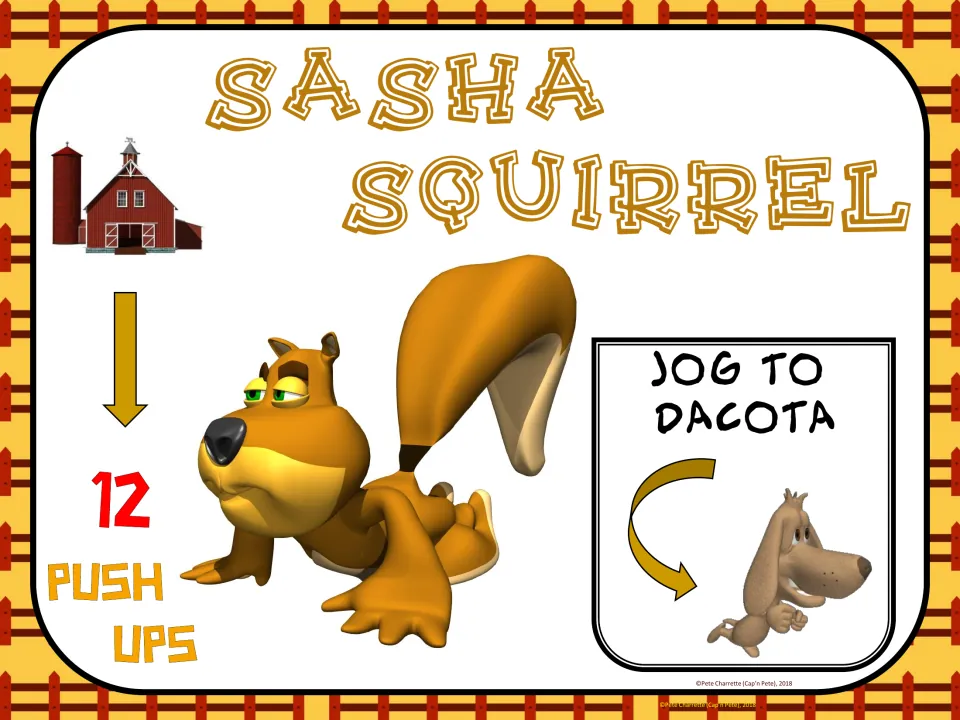 Sasha Squirrel exercise sign: complete 12 push-ups, then jog to Dacota for the next station in the activity