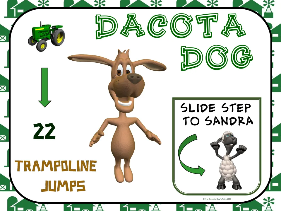 Dacota Dog exercise sign: complete 22 trampoline jumps, then slide step to Sandra for the next station