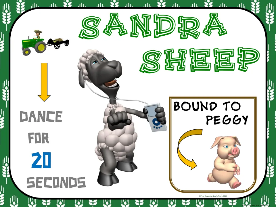 Sandra Sheep exercise sign: dance for 20 seconds, then bound to Peggy for the next station in the activity