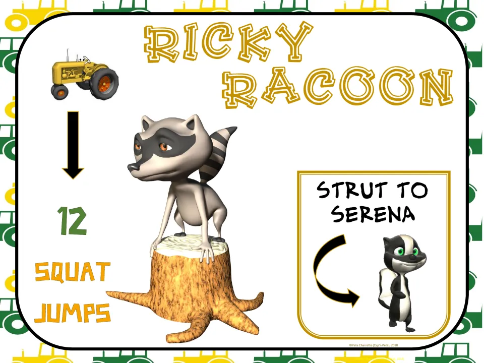 Ricky Racoon exercise sign: complete 12 squat jumps, then strut to Serena for the next station in the activity