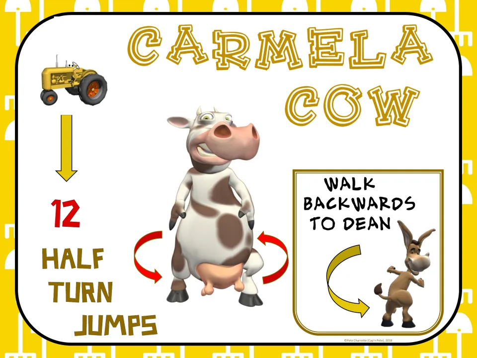 Carmela Cow exercise sign: complete 12 half-turn jumps, then walk backwards to Dean for the next station