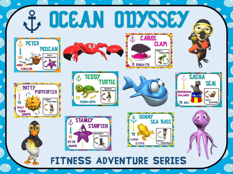 Fitness Adventure Series: Ocean Odyssey cover showing sample exercise signs featuring ocean characters