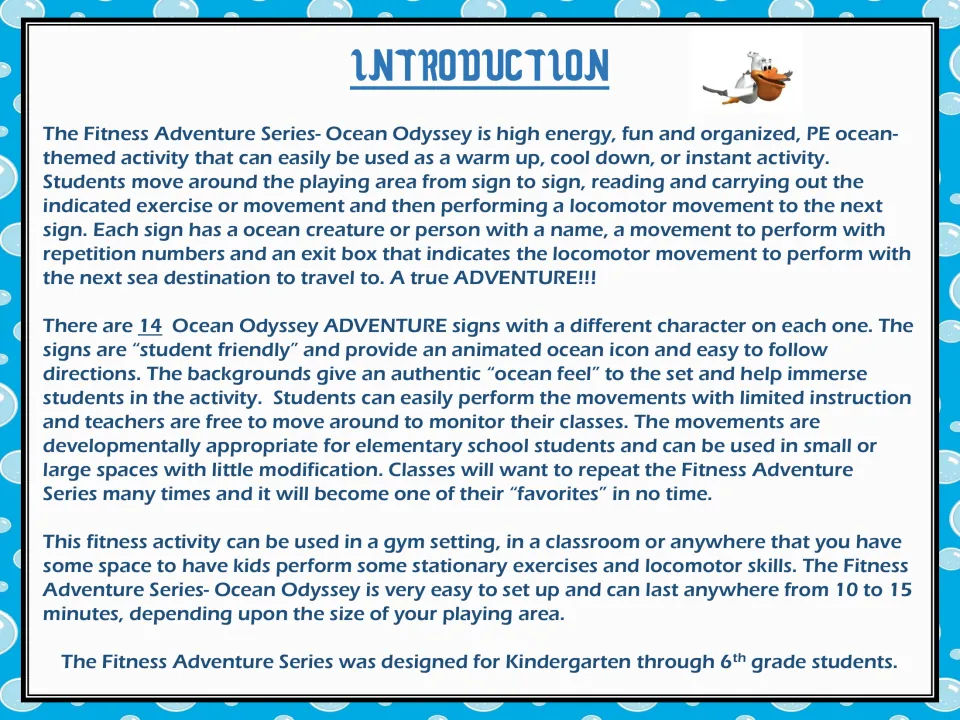 Introduction to the 14-sign fitness adventure, describing movement between signs and 10–15-minute sessions
