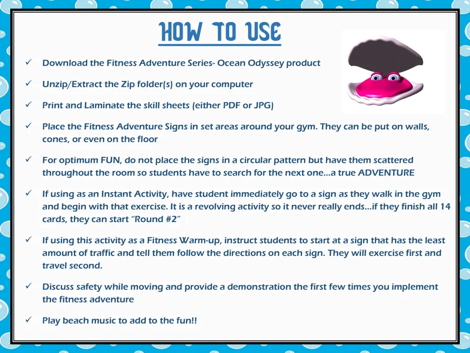 Setup directions for printing and placing fitness signs, starting exercises, and demonstrating safe movement