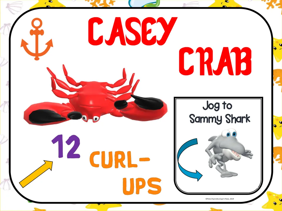 Casey Crab exercise sign: complete 12 curl-ups, then jog to the Sammy Shark sign to continue the circuit