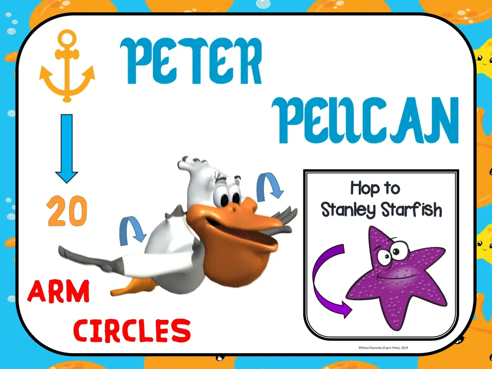 Peter Pelican exercise sign: complete 20 arm circles, then hop to the Stanley Starfish sign in the set